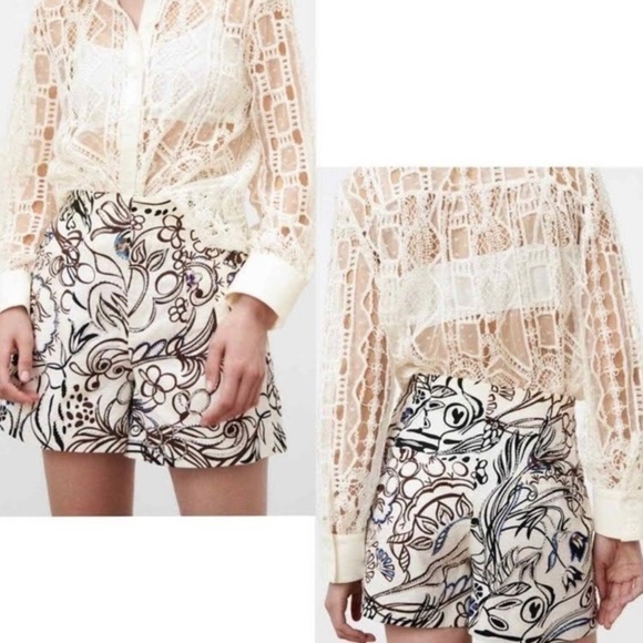 Zara Pants - Zara High Waist 28 Ecru Print 100% Cotton Jewel Embroidered Shorts Small